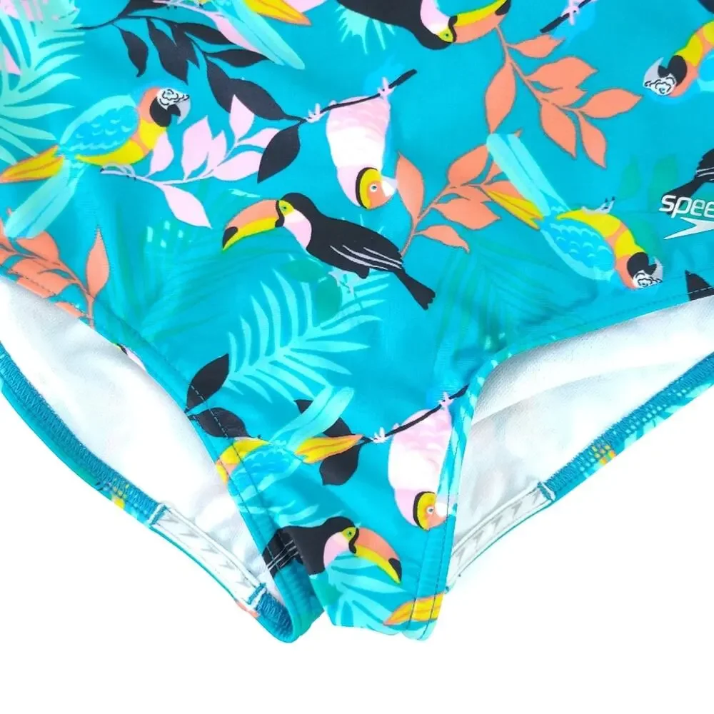 Speedo Girls Bathing Suit One Piece Tropical Toucan Birds Racerback Thin Staps
